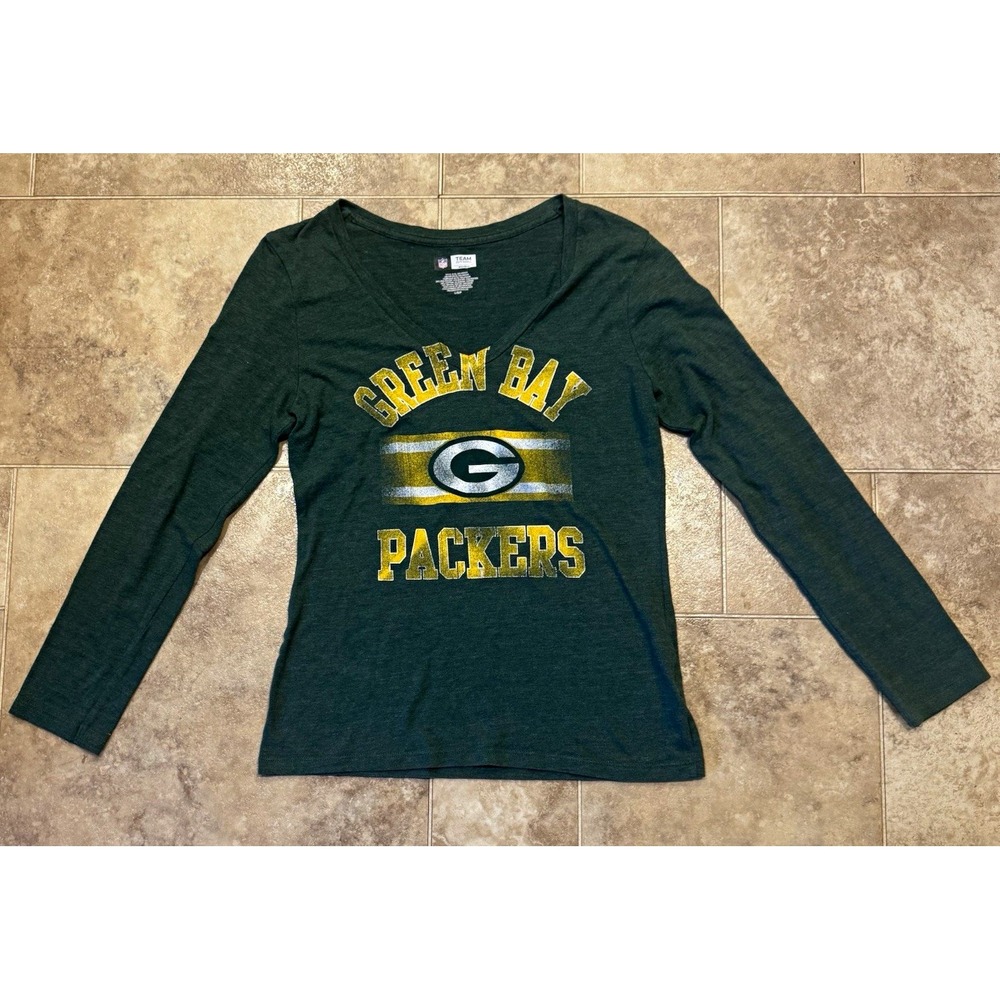 NFL Green Bay Packers Women's Green Long Sleeve Graphic V-Neck Tee Size Large